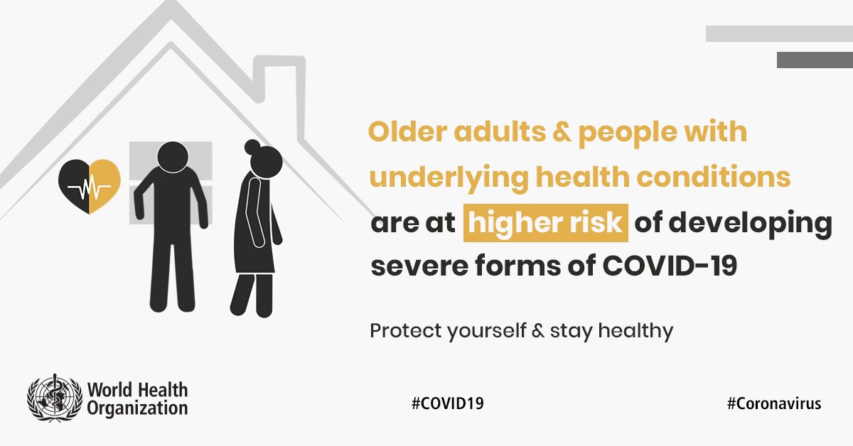 Older adults (60 & above) or people with underlying health conditions are at higher risk of catching & developing severe forms of  #COVID19. To protect yourself & stay healthy  during the outbreak, follow our advice in a thread below  #coronavirus