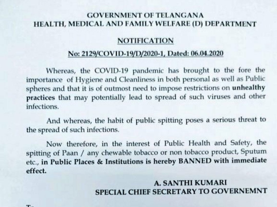 Prasuman's tweet photo. To control the spread of #coronavirusinindia  #Telangana Govt. has taken a great step by banning spitting in public. Centre too must ban sale of Pan Masala/Chewing Tobacco and make spitting in public a punishable offence. @MoHFW_INDIA @PMOIndia #Covid19India https://t.co/GKO0lgUGBD