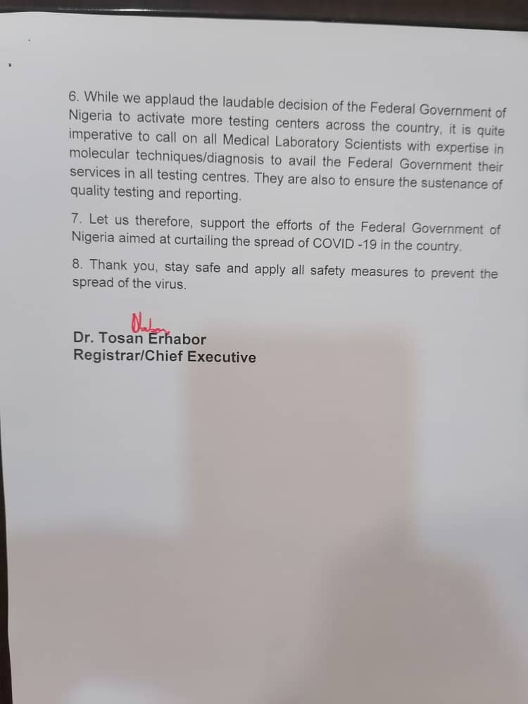 MedLabNigeria's tweet photo. MLSCN tasks Medical Laboratory Scientists to continue with their patriotic services to the nation and urges greater deployment of their requisite skills in the fight against COVID-19 pandemic in the Country
#jointhefightagainstCOVID-19 #StaySafeNigeria @NCDCgov @Fmohnigeria https://t.co/gHTcGWQbkP