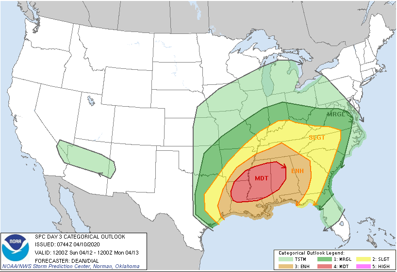 Confidence levels are high for a widespread severe weather outbreak  for Sunday into Monday. The SPC hardly ever issues a MDT risk on Day 3 outlook for severe thunderstorms. This system will move its way into the Carolina's and DMV area Sunday night into Monday! Get prepared!