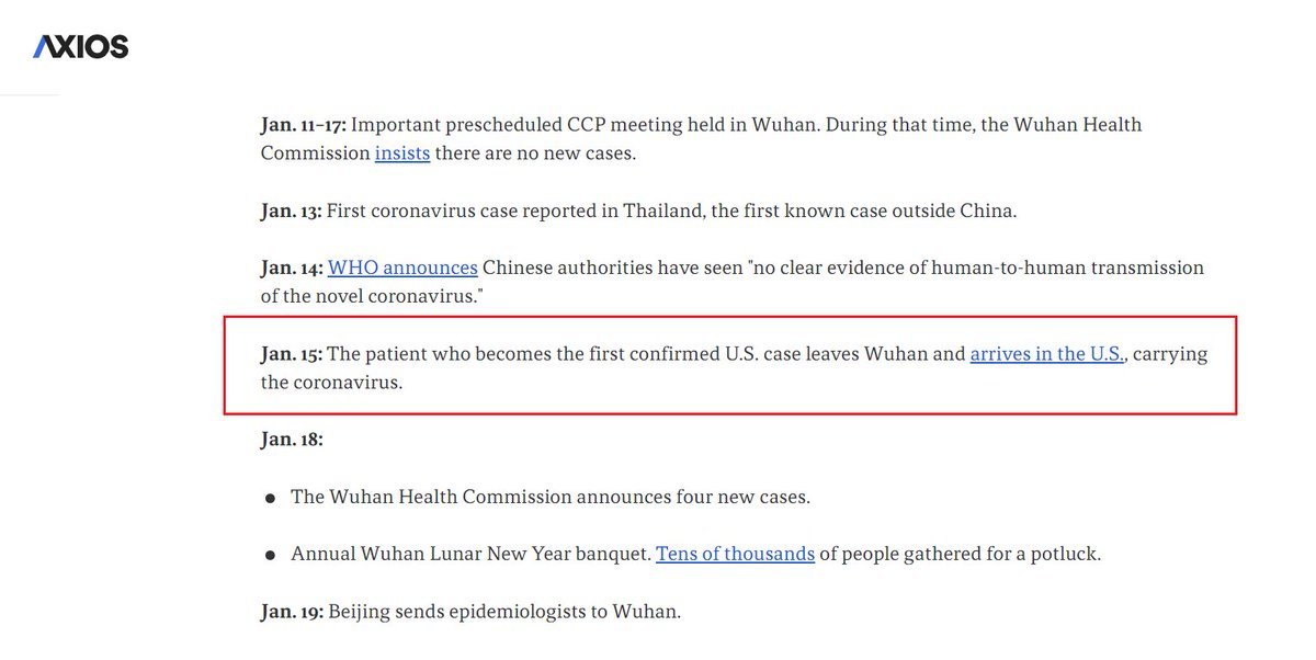 7) The next day, January 15th, the patient who would become the first confirmed U.S. case left Wuhan and arrived in the U.S. carrying the virus. https://www.axios.com/timeline-the-early-days-of-chinas-coronavirus-outbreak-and-cover-up-ee65211a-afb6-4641-97b8-353718a5faab.html
