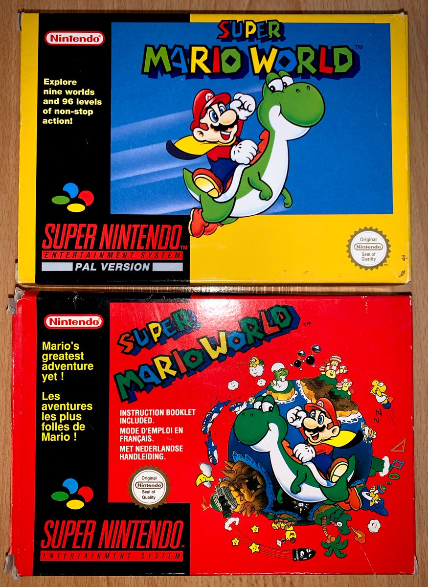 Super Mario World (SNES, 1992)  L’édition boîte vendue en France avait un design rouge avec l’artwork de la version japonaise, ne correspondant pas à celui de la cartouche et de la notice, et leurs bordures jaunes.Ce tirage anglais (peu commun) respecte, lui, cette logique.