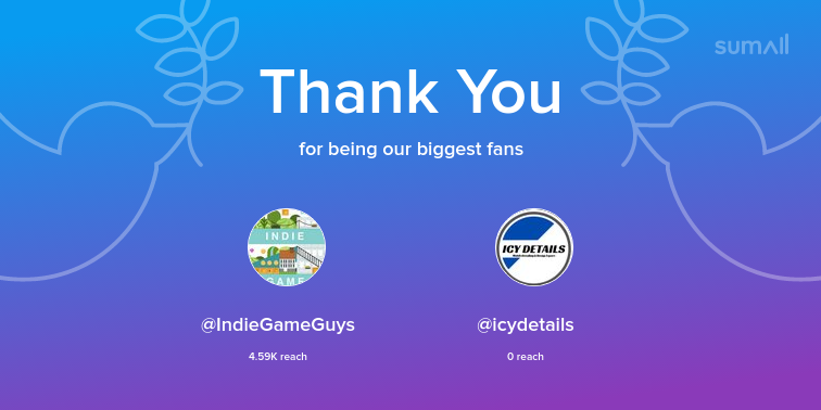 Our biggest fans this week: IndieGameGuys, icydetails. Thank you! via sumall.com/thankyou?utm_s…