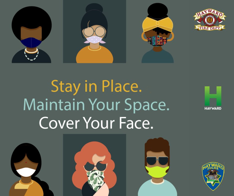 New guidance during COVID-19 public health emergency: Stay home—and if leaving for an essential activity, wear a cloth face covering over your nose and mouth, practice social distancing and wash hands regularly. For more info, visit: bit.ly/2R9av5m #Hayward #HaywardCA