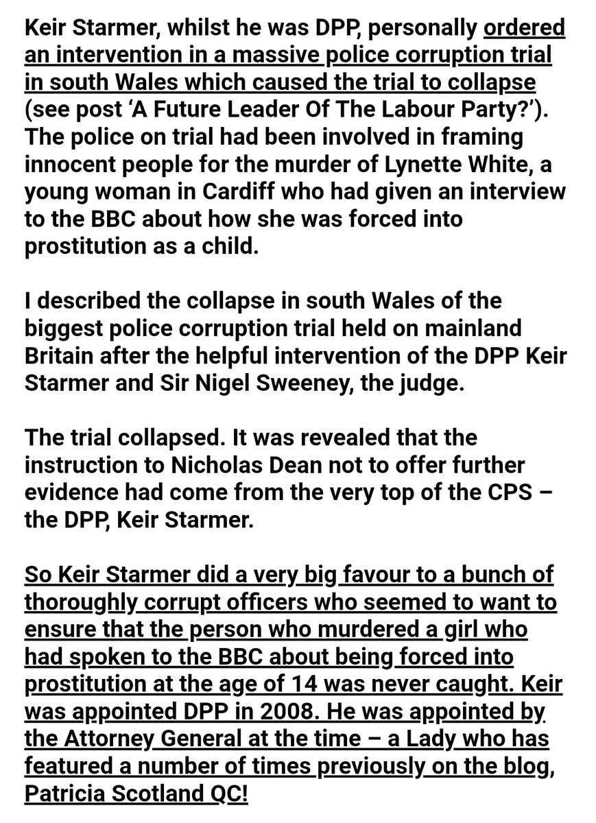 Missing files ...Dr. Sally Baker, a favourite research resource of mine, has a similar story to tell of Keir Starmer, whose instructions as DPP resulted in a trial against corrupt Welsh police officers collapsing! http://www.drsallybaker.com/uncategorized/a-future-leader-of-the-labour-party/