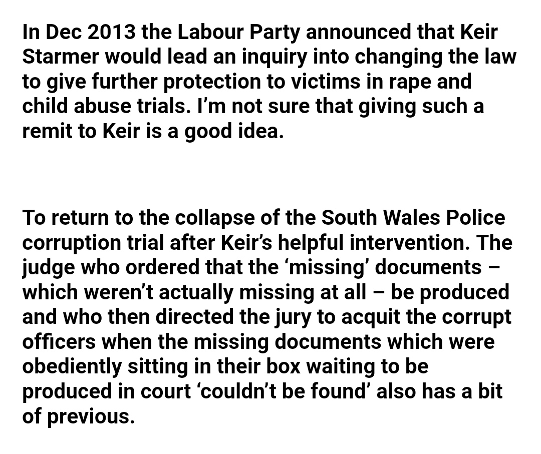 Missing files ...Dr. Sally Baker, a favourite research resource of mine, has a similar story to tell of Keir Starmer, whose instructions as DPP resulted in a trial against corrupt Welsh police officers collapsing! http://www.drsallybaker.com/uncategorized/a-future-leader-of-the-labour-party/