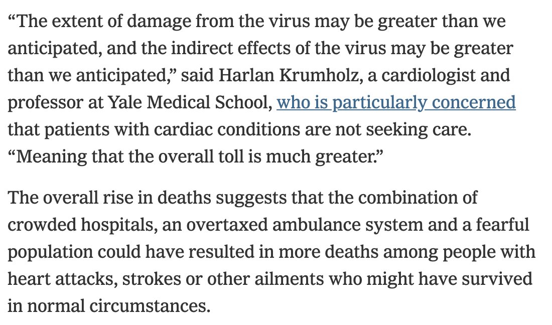 We don't know yet about all the underlying causes of death. It's possible some, like car accidents went down. But it's likely that these numbers mean that some New Yorkers are dying of things they would survive in normal times.  https://www.nytimes.com/interactive/2020/04/10/upshot/coronavirus-deaths-new-york-city.html