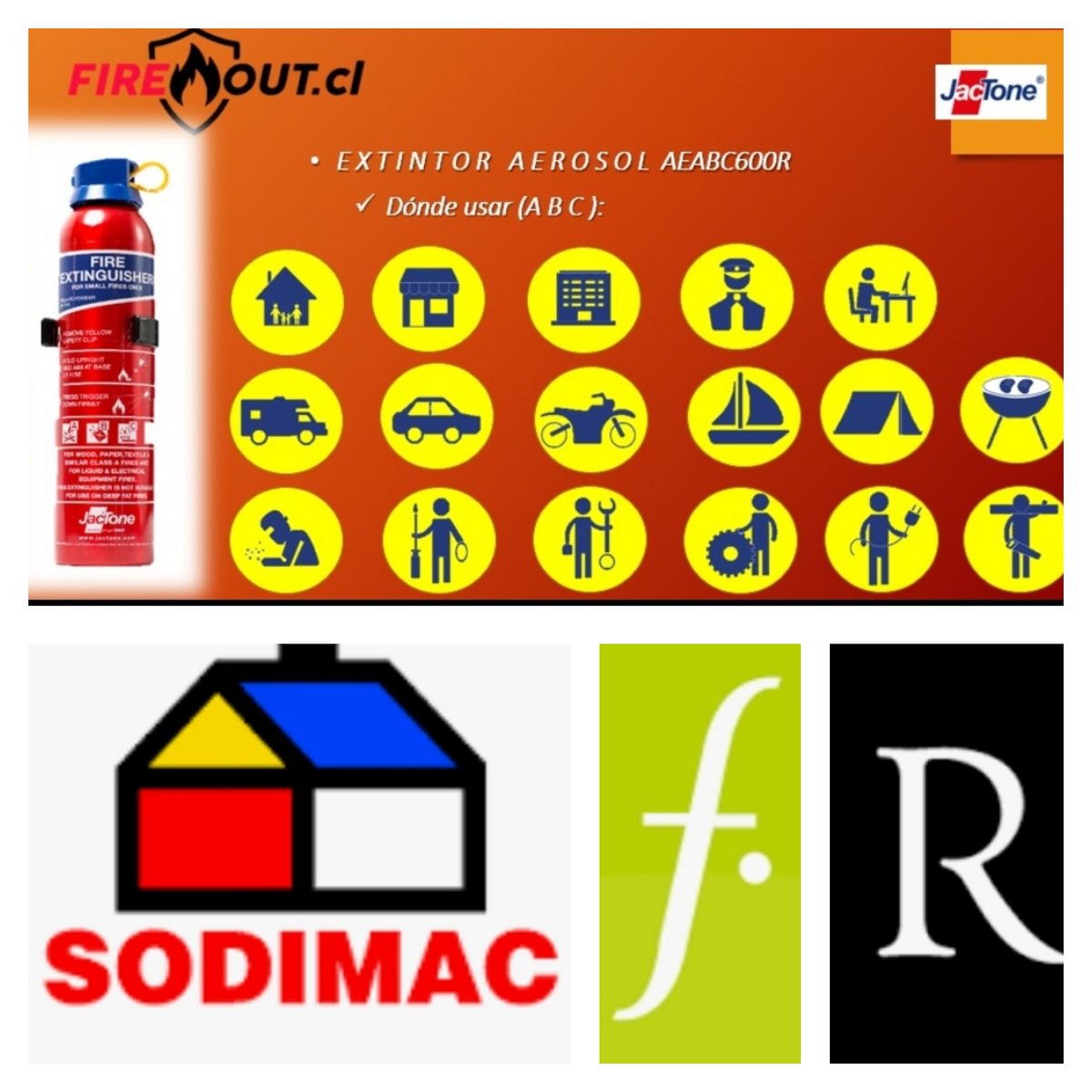 FireoutC's tweet photo. Dónde puedo ocupar un #Extintor #Aerosol #Portátil #Jactone #FireOut y dónde lo puedo obtener? . Acá te respondemos!! https://t.co/AcbUnLoaDd