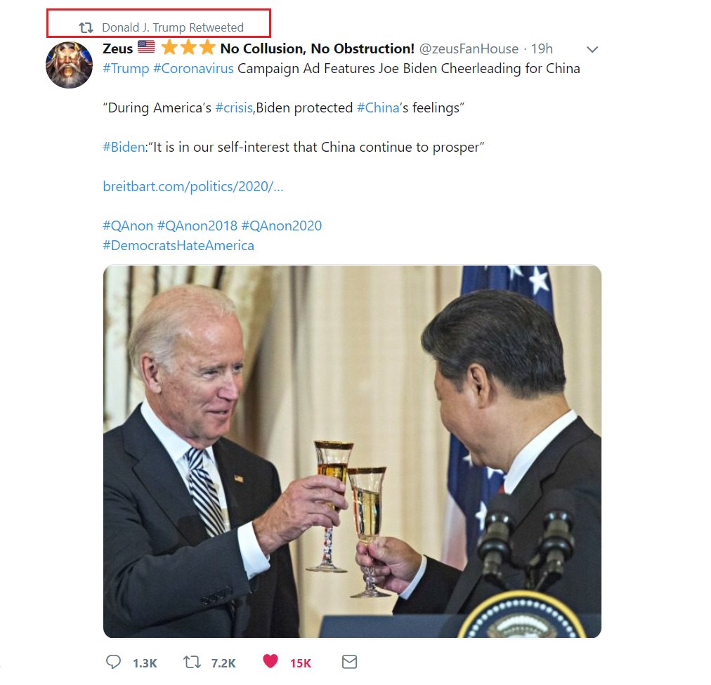 14) This morning, POTUS retweeted  @zeusFanHouse. https://twitter.com/zeusFanHouse/status/1248396990989225987The tweet had the hashtags  #QAnon  #QAnon2018  #QAnon2020