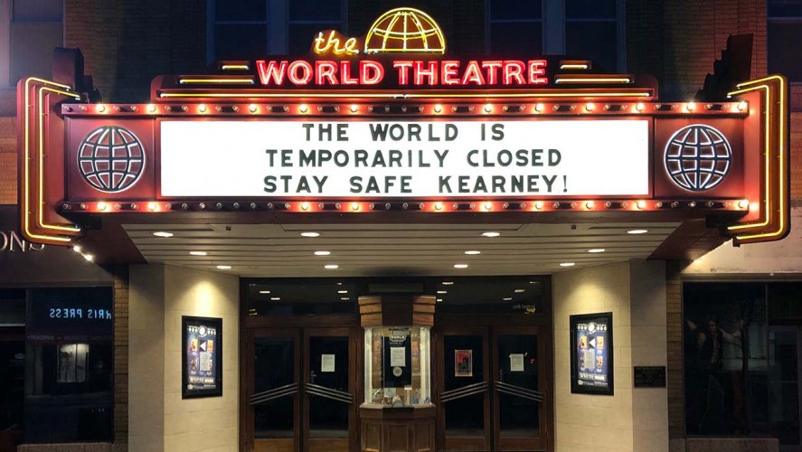 The World Theatre in Kearney, Nebraska shared a punny message on their marquee during the national theater shutdown  http://thr.cm/6P7i1rP 