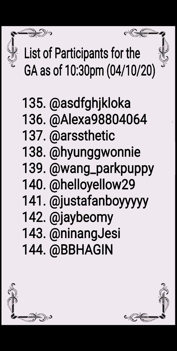 Annyeonghaseyo! Herewith is the list of qualified participants as of 10:30pm (04/10/20)We are also open for DYE tingi, help us reach our quota for us to give another lucky ahgase a chance to win GOT7 Mini Album <DYE> Link:  https://twitter.com/Joahaeyo_Ph/status/1248604928165031941?s=19