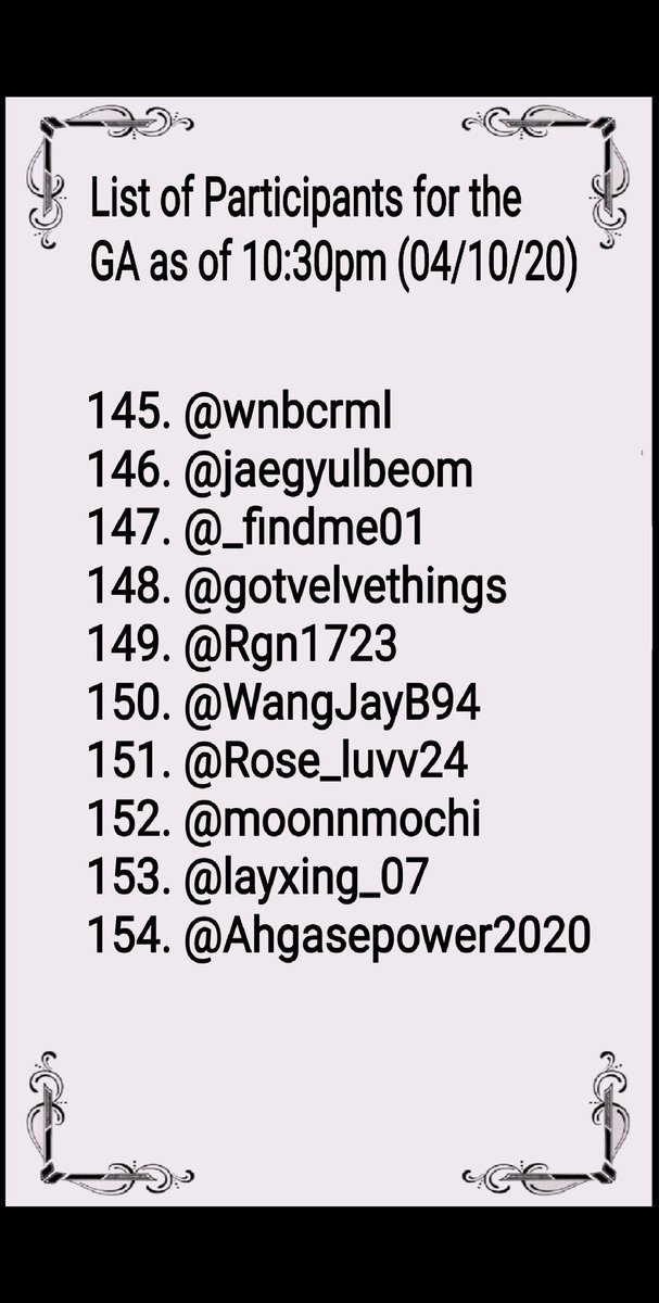 Annyeonghaseyo! Herewith is the list of qualified participants as of 10:30pm (04/10/20)We are also open for DYE tingi, help us reach our quota for us to give another lucky ahgase a chance to win GOT7 Mini Album <DYE> Link:  https://twitter.com/Joahaeyo_Ph/status/1248604928165031941?s=19