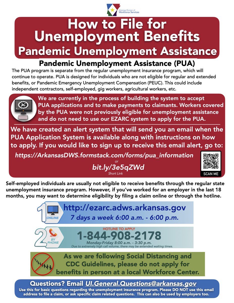 ArkansasDWS's tweet photo. We are currently building the system to accept  PUA applications and to make payments to claimants. 
We have created an email alert that will send you an email with application information as soon as the system is ready.
Sign up here:
https://t.co/bBiSVZpfZO

#COVID19Ark https://t.co/BF60DBgSS4