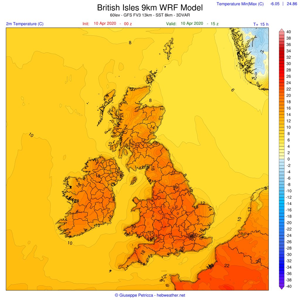 2/4 - The cooler air will make more of an impact on the maximum temperatures in the NW  #UK,  #Scotland and  #Ireland, while the rest of the country will see values similar to today.Precipitations will be patchy while winds will me mostly calm today, increasing in the N tomorrow.
