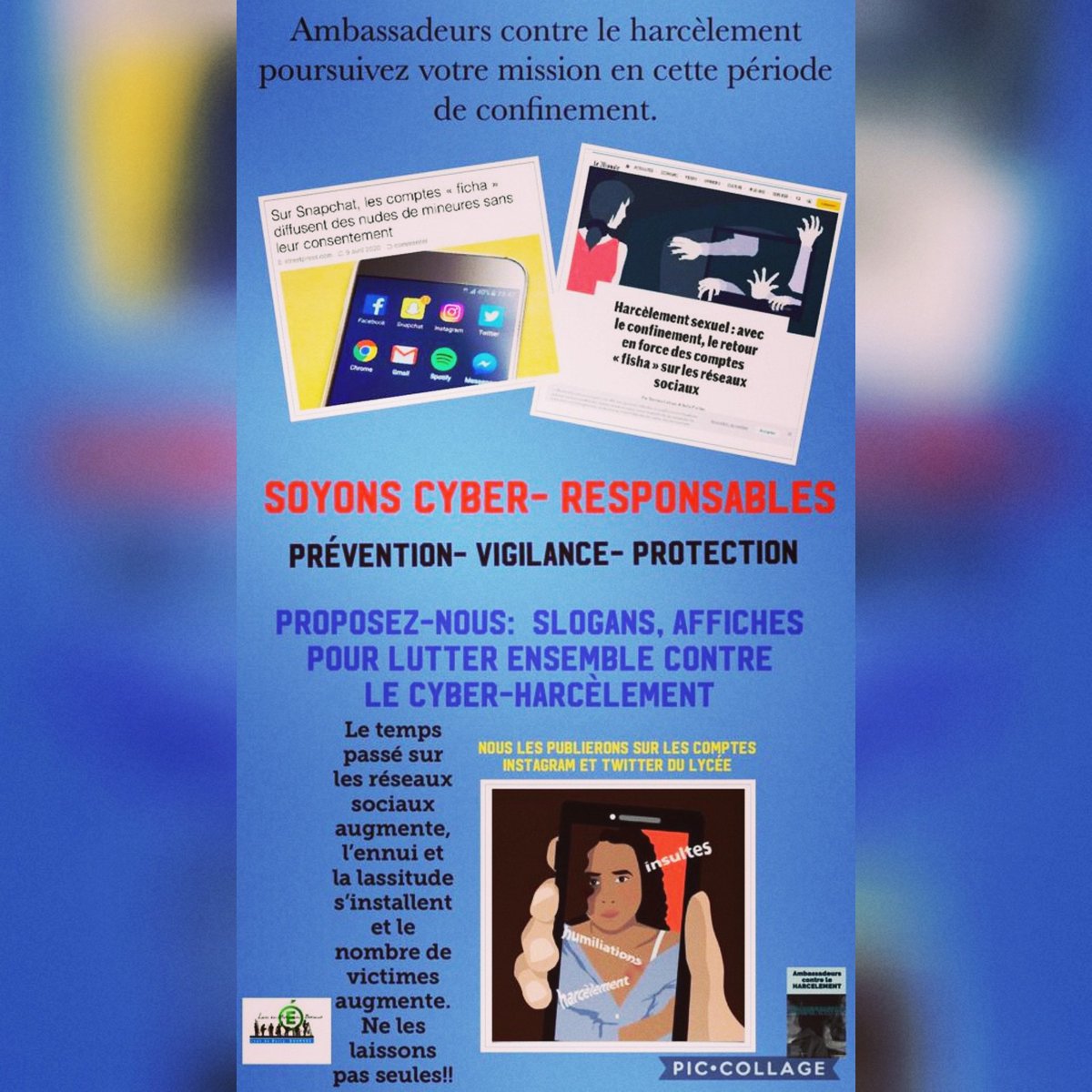 MediaJDB's tweet photo. Ambassadeurs contre le harcèlement vos missions continuent ! Luttons contre le cyberharcèlement qui a tendance à augmenter en cette période de confinement. Proposez-nous vos affiches, dessins, slogans que nous diffuserons. Pour + de ressources:https://t.co/gAtiOP2Qrf @cvlj2berry https://t.co/xVdgDVPqU2