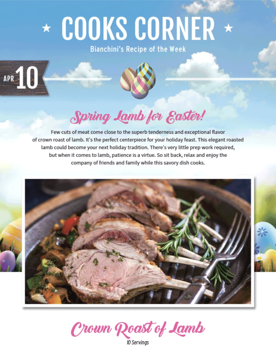 Bianchinis's tweet photo. Celebrate Easter Sunday with a Cooks Corner favorite, Crown Roast of Lamb. It's superbly tender, juicy and seasoned to perfection with only five herbs and spices! > https://t.co/c2ESRO646d https://t.co/TytAf3gJrL
