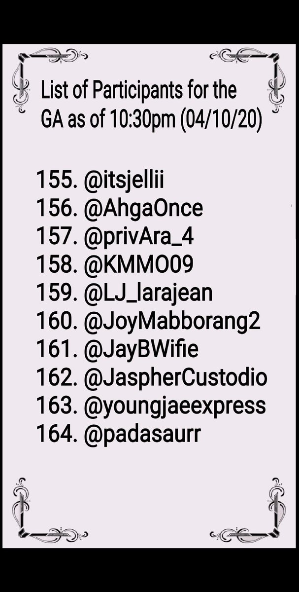 Annyeonghaseyo! Herewith is the list of qualified participants as of 10:30pm (04/10/20)We are also open for DYE tingi, help us reach our quota for us to give another lucky ahgase a chance to win GOT7 Mini Album <DYE> Link:  https://twitter.com/Joahaeyo_Ph/status/1248604928165031941?s=19