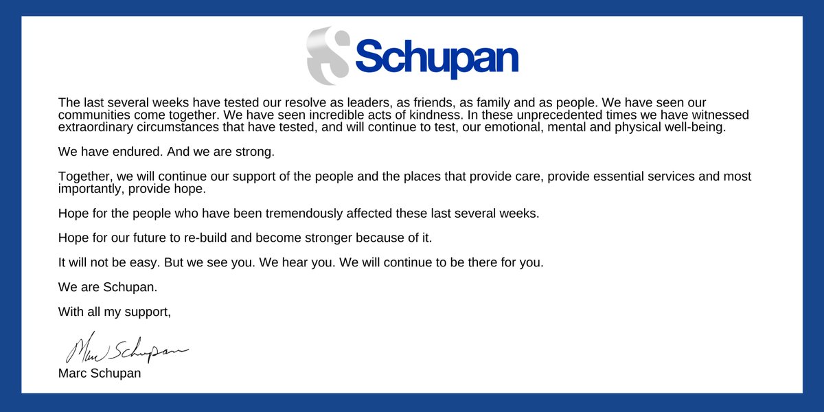 WeAreSchupan's tweet photo. To our community. From our CEO &amp; Owner, Marc Schupan. https://t.co/ESAAOmSg8S