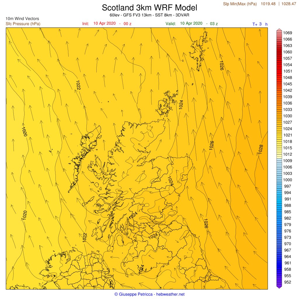 4/4 - Peak winds ~30+mph for  #Scotland N side, especially over  #Hebrides  #Orkney  #Shetland with the transit of two consecutive throughs, one smaller and weaker (2nd map), and one a bit more structured.Pressure will continue decreasing, nothing out of the ordinary. [End Thread]