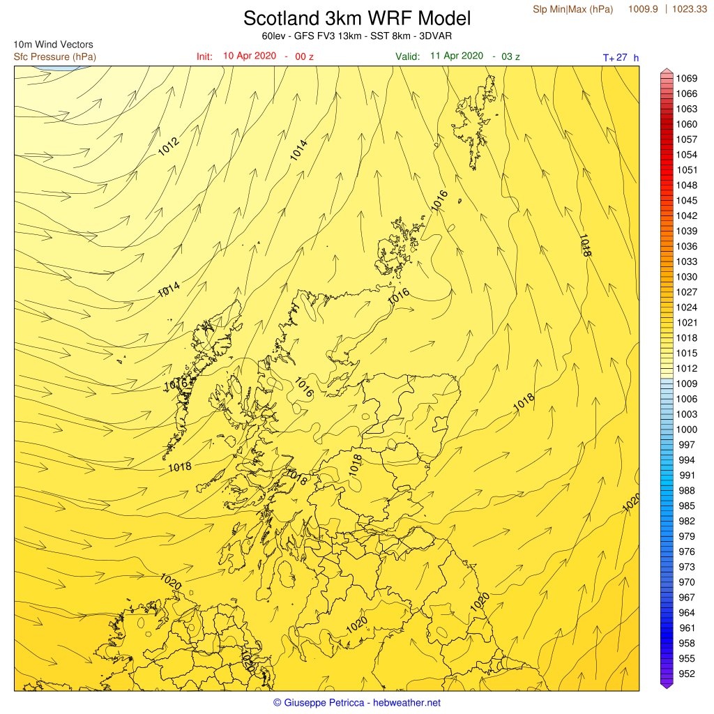 4/4 - Peak winds ~30+mph for  #Scotland N side, especially over  #Hebrides  #Orkney  #Shetland with the transit of two consecutive throughs, one smaller and weaker (2nd map), and one a bit more structured.Pressure will continue decreasing, nothing out of the ordinary. [End Thread]