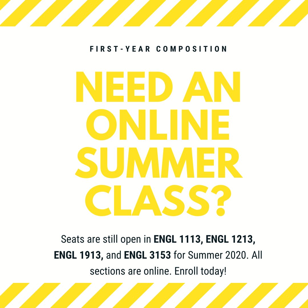 oufyc's tweet photo. Still looking for an online class this summer? Consider knocking out an English course! Seats are still open in ENGL 1113, 1213, 1913, and 3153. https://t.co/3GYyN5Xh3c