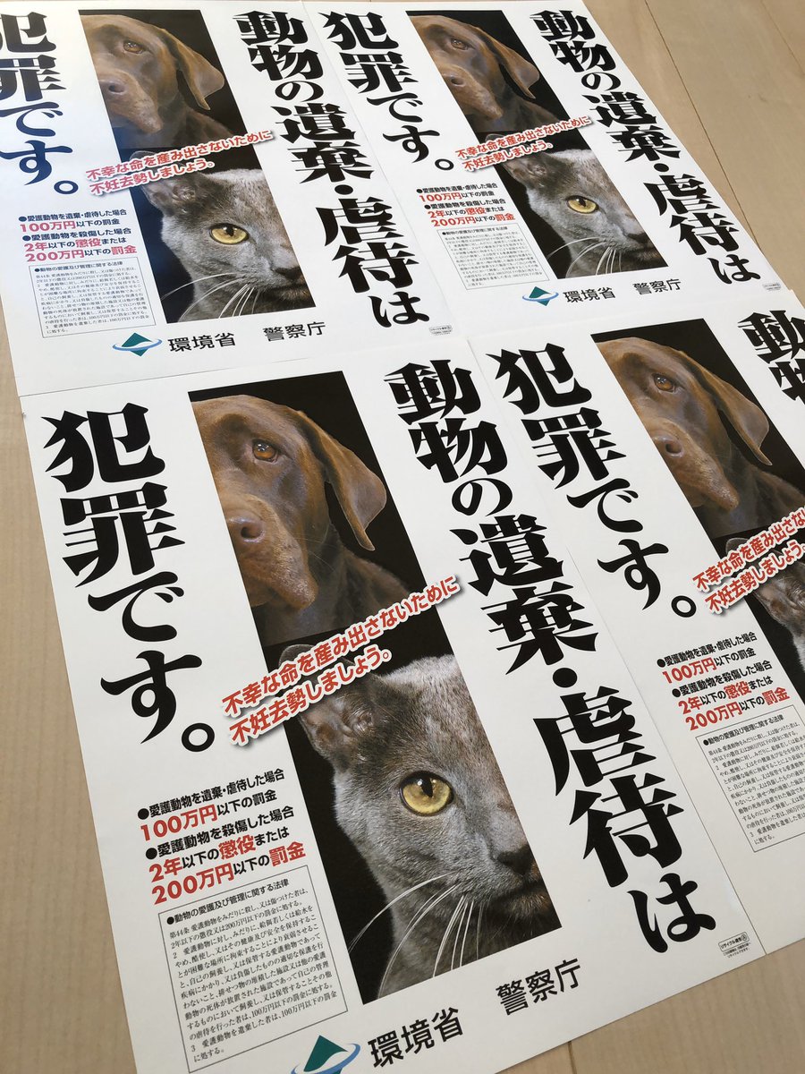 にゃもす On Twitter 環境省の新動物虐待啓発ポスターが都道府県に届いています 無料で貰える物です 参照旧は書き換え活用を お住まいの自次会へ許可を得て掲示板へ貼りましょう 目に見える情報は有効で広く認知されます 動物虐待啓発ポスター 動物虐待防止活動 愛護