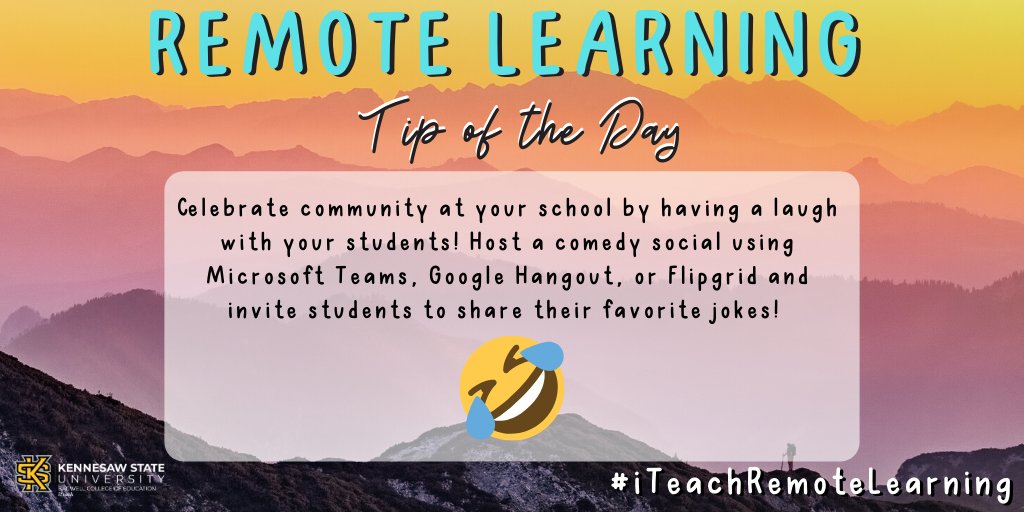 ksuiteach's tweet image. Laughter is the best medicine! When was the last time you laughed? Invite students and families to participate in a Comedy Social. Take a brain break and have some fun through sharing jokes, riddles and quality time with your class. #CelebratingCommunity

pin.it/1k7SXWT