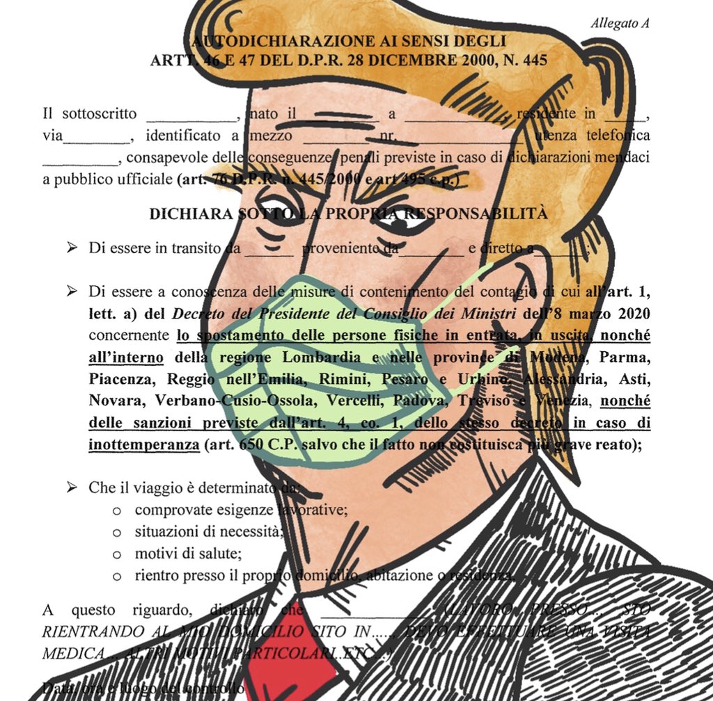 lukefer's tweet photo. Ritratto di un capriccio, olio su autocertificazione. #DonaldTrump #COVIDー19 #autocertificazione https://t.co/puSD4zsQh3