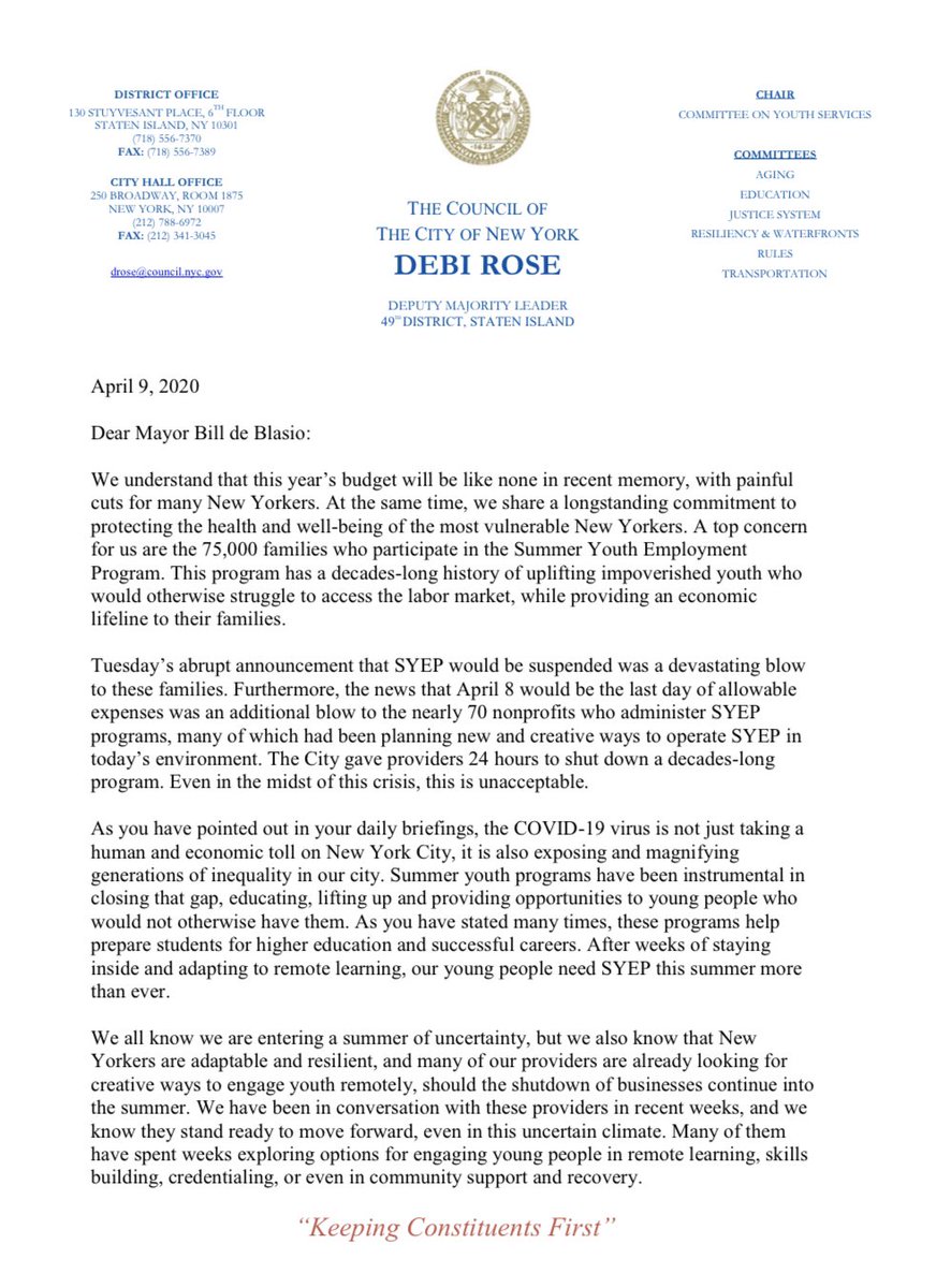  Thank you to the growing list of my colleagues (too many to tag!) who have signed this letter to  @NYCMayor calling for a reinstatement of  #SYEP. And thank you to the advocates,  @ChildrenNYC , fighting for our youth. 8/8