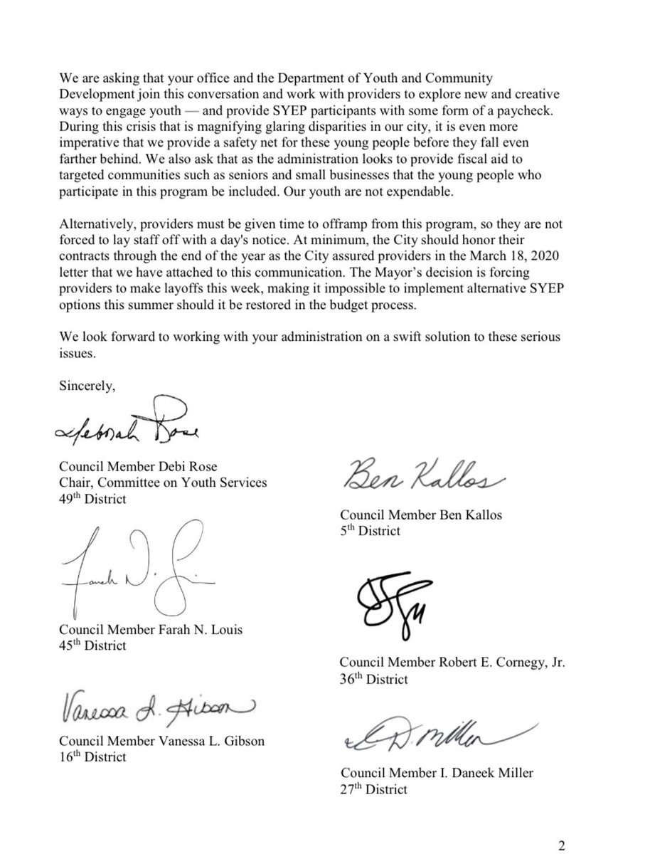  Thank you to the growing list of my colleagues (too many to tag!) who have signed this letter to  @NYCMayor calling for a reinstatement of  #SYEP. And thank you to the advocates,  @ChildrenNYC , fighting for our youth. 8/8