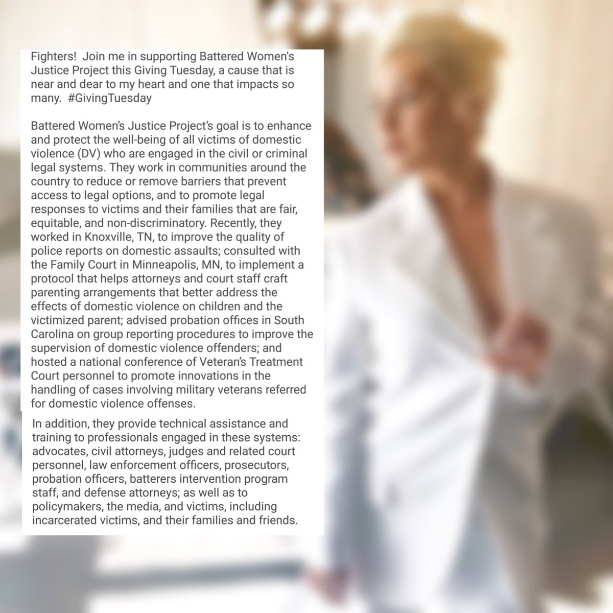 In 2018 Christina Aguilera created a fund raiser and encouraged her followers to consider joining her for  #GivingTuesday to help support the Battered Women’s Justice Project.