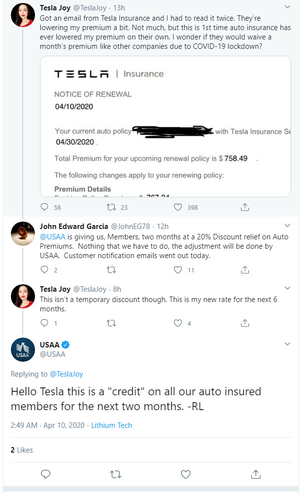ShortingIsFun's tweet photo. While Automotive Insurance Companies are lowing premiums for customers by 20%+ during the state/city lockdowns, Superfan TeslaJoy is happy that #Tesla lowered her rate (rechecks amount) by $8.75.
Way to take care of your customers @Tesla....
#TeslaInsuranceIssues $TSLA $TSLAQ https://t.co/RHm21REOKO