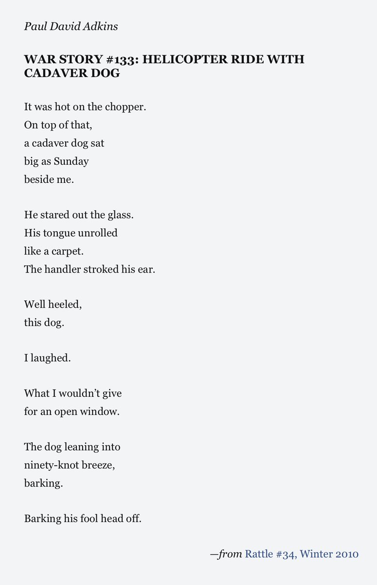 Maps & humor are both constants in the  #warpoetry of Iraq War veteran Paul David Adkins. To this, add a dog & a helicopter. First printed in  @RattleMag, and featured in the poet's collection "Operational Terms and Graphics":  https://amzn.to/2RtIo0Z   #NationalPoetryMonth 10/n