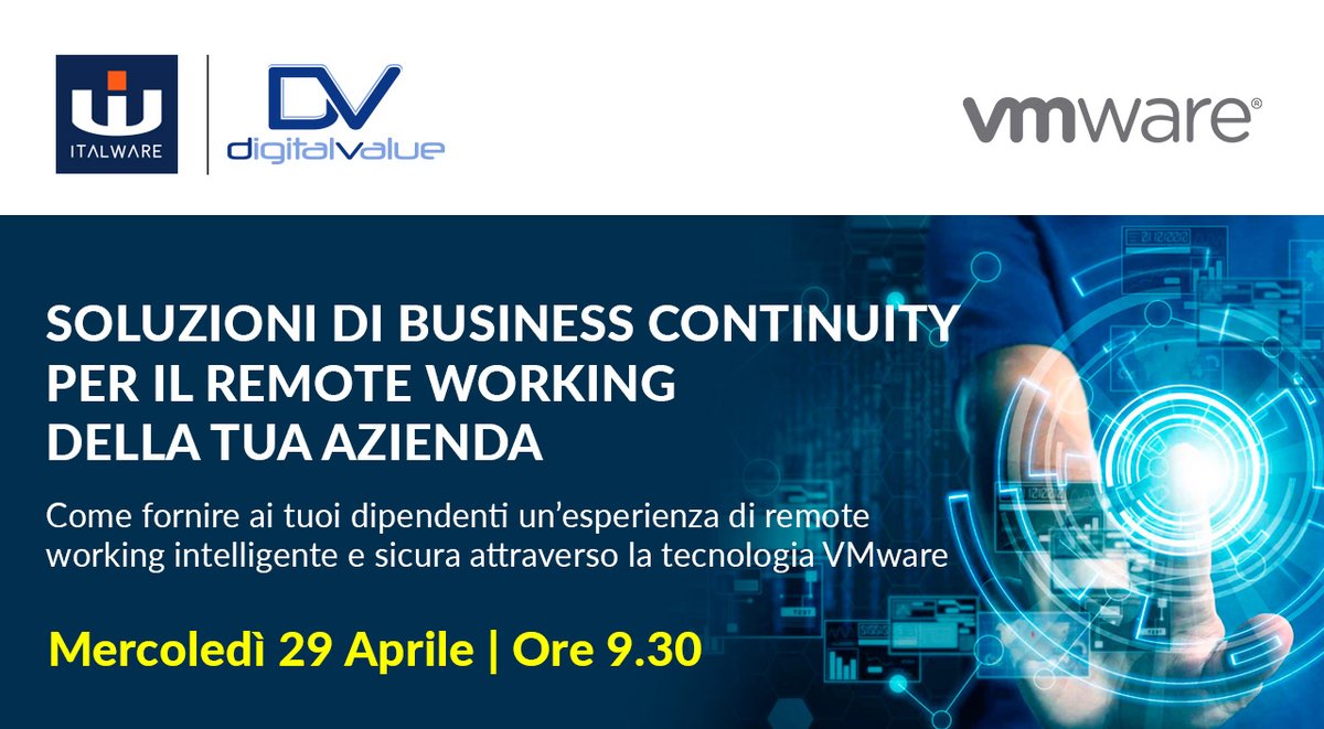 Italware1's tweet photo. Partecipa al webinar:
Soluzioni di Business Continuity per il Remote Working della tua Azienda"

Mercoledì 29 Aprile | ore 9.30
ISCRIVIT >> https://t.co/tXl8ByZRf9
#wmware #webinar #business #remote #working https://t.co/ThFxZJrnl4