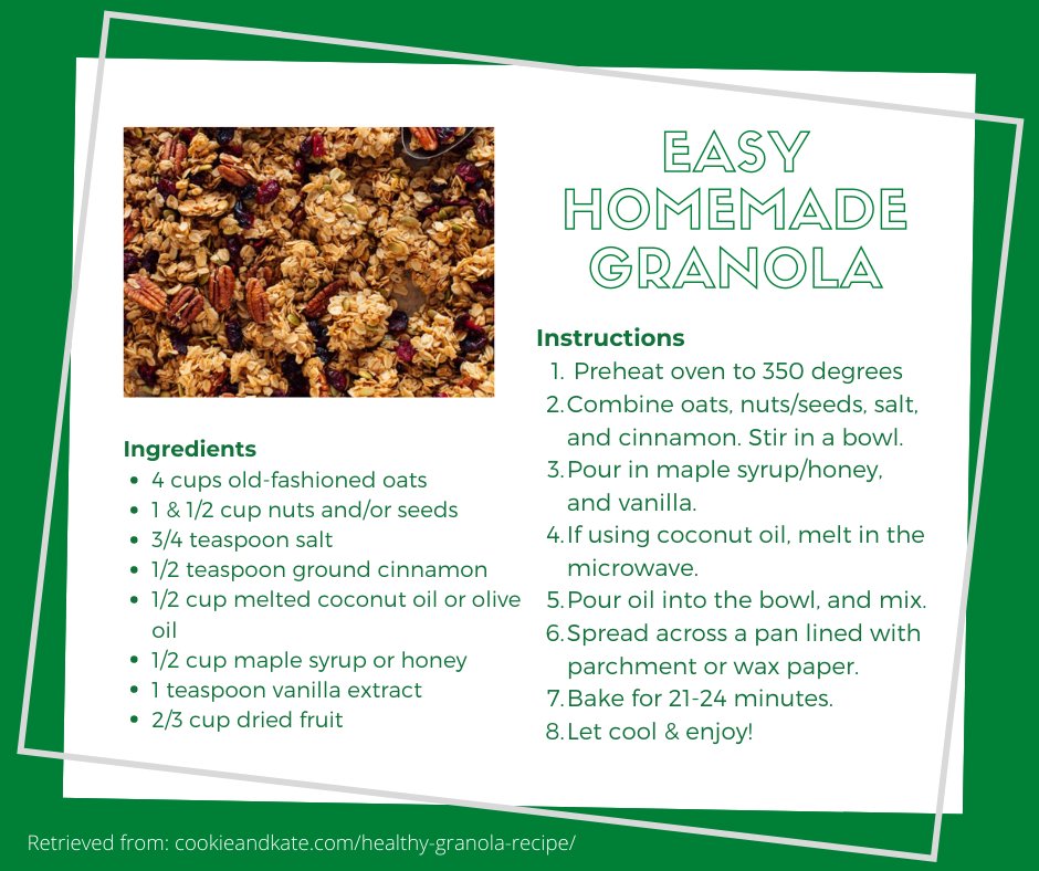 Try out this easy homemade granola recipe! Makes for a great snack on its own, or paired with yogurt or a smoothie!