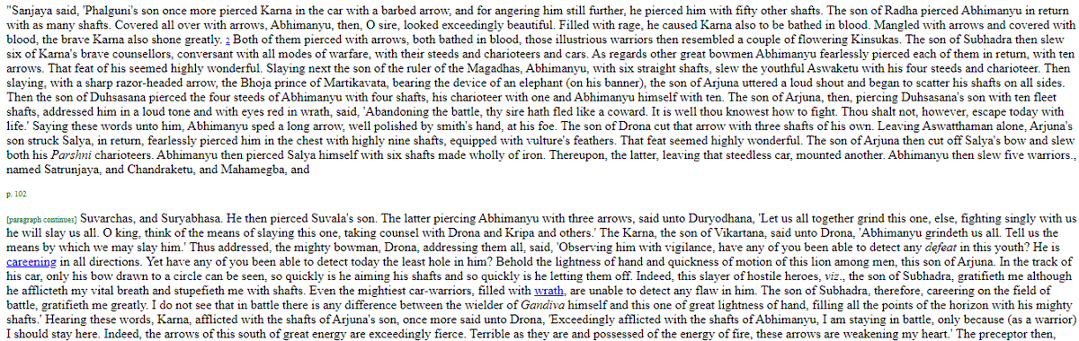 1. Karna runs away from Abhimanyu after Abhimanyu kills his younger brother2. Runs to Drona because he could not stand upto Abhimanyu