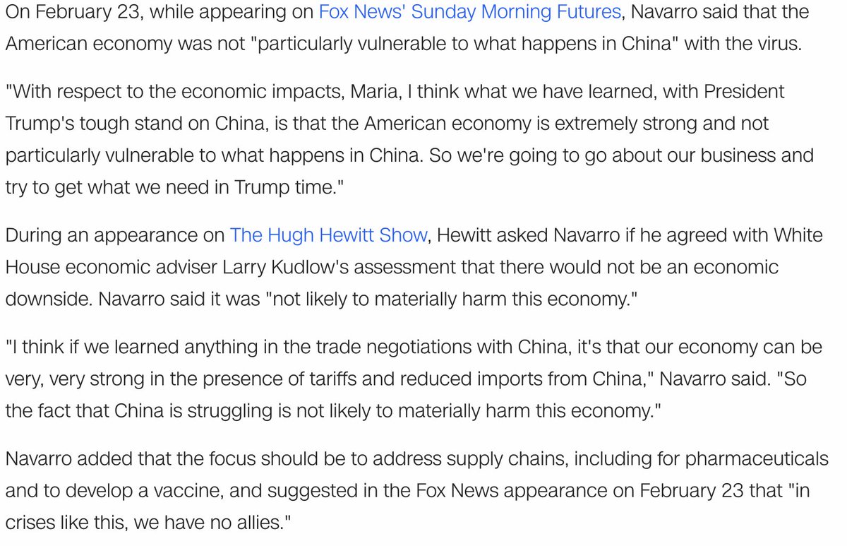 During his TV and radio appearances, Navarro also was asked about the economy. He said it was not "particularly vulnerable to what happens in China" with the virus and "not likely to materially harm this economy."