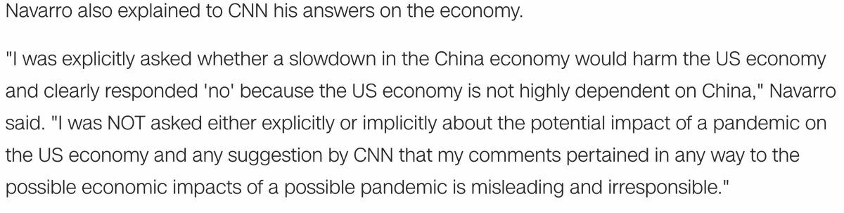 During his TV and radio appearances, Navarro also was asked about the economy. He said it was not "particularly vulnerable to what happens in China" with the virus and "not likely to materially harm this economy."