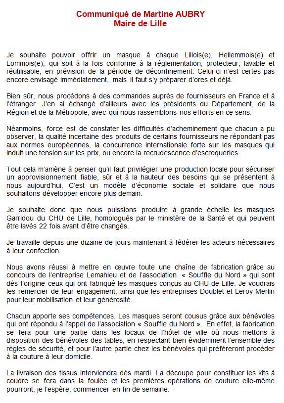 MartineAubry's tweet photo. Je souhaite qu’à l’issue du #confinement, chq lillois(e), Hellemmois(e), Lommois(e) soit doté d’un masque. Nous lançons une production locale avec @Lemahieu_fr et l’asso @LeSouffleDuNord à l’origine de la fabrication du masque Garridou conçu par le @CHU_Lille et homologué. https://t.co/bDfq3hO9Vu