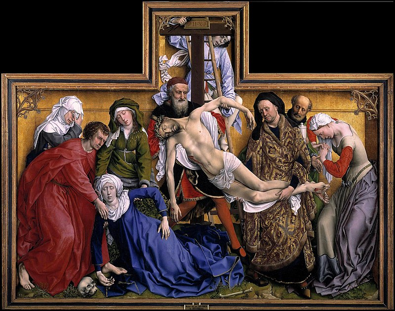 Rogier van der Weyden, Deposition of Christ, 1435. A very challenging painting. Everything is distorted, nothing is true to "nature". Italian artists poo-poo'ed it. Shows what they know.