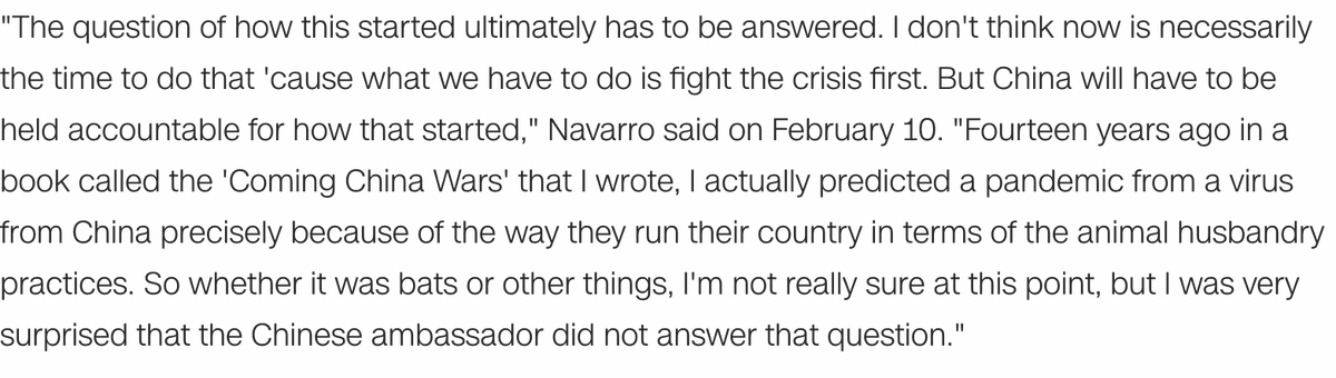 Navarro previously warned about pandemics in his 2006 book.After a Fox News host asked--without a factual basis--whether China created the virus as a potential biological weapon, Navarro said that China "will have to be held accountable for how this started."