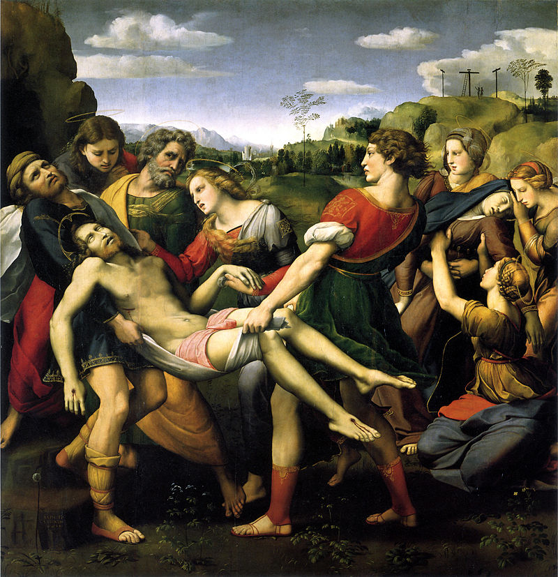 Lastly, Raphael's Entombment (1507). There's so much to say about this one. It's the work that established Raphael as a superstar. Whereas Weyden's is intentionally static and suspended in grief, this one is surging with emotion.