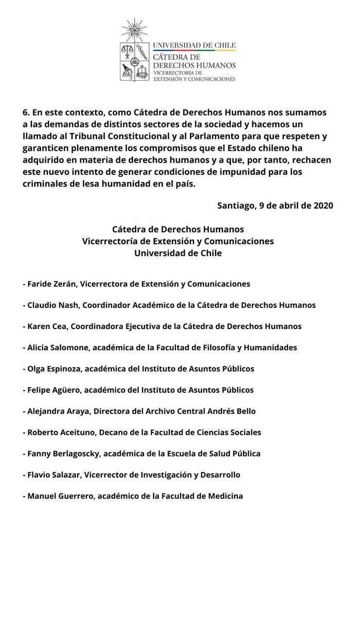 VEXCOM_Uchile's tweet photo. [RECTIFICACIÓN] Como Cátedra de Derechos Humanos rechazamos que el Gobierno se valga de la grave crisis de salud por el #COVIDー19 para impulsar un proyecto de ley que busca la impunidad de facto para criminales de lesa humanidad recluidos en Punta Peuco https://t.co/pvLRbMo6jL https://t.co/dIle8JUFK2