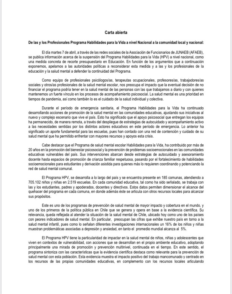 afaebnac's tweet photo. Frente a la crisis sanitaria debemos responder con +apoyos para la salud mental para nuestrxs estudiantxs!!!Compartimos carta de los equipos Psicosociales HPV, ante la intención de suspender el programa desde @junaeb  @_adrianamunoz @diputadagirardi @gabrielboric @albertolarrains https://t.co/kAsONH94i0