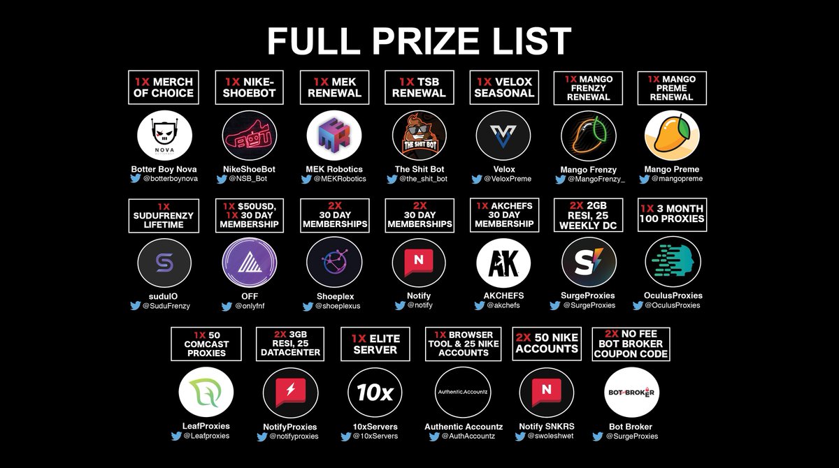 BotterBoyNova's tweet photo. 100k GIVEAWAY🥳
27 WINNERS🎁READ PIC
@BotterBoyNova
@NSB_Bot
@MEKRobotics
@The_Shit_Bot
@VeloxPreme
@mangofrenzy_
@mangopreme
@SuduFrenzy
@onlyfnf
@shoeplexUS
@notify
@akchefs
@SurgeProxies
@OculusProxies
@Leafproxies
@notifyproxies
@10xServers
@botbroker
@AuthAccountz
@soleshwet https://t.co/2EomkSX86M
