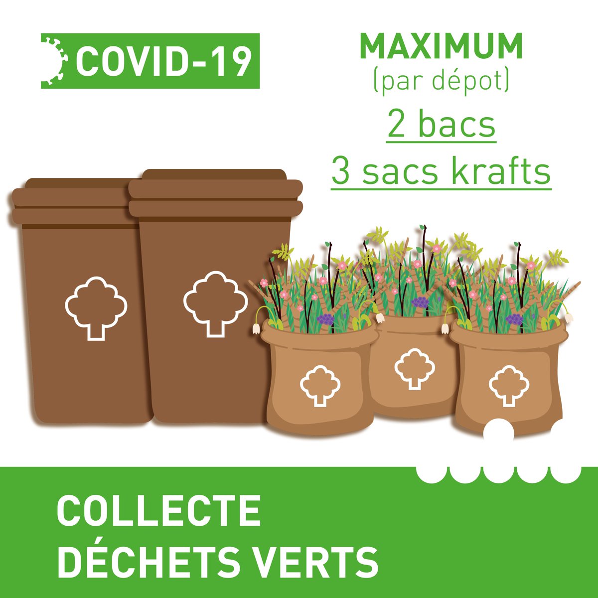 AggloVGP's tweet photo. ♻️🌱🌿 Particulièrement en cette période, les moyens humains sont restreints. Le dépôt est donc limité par foyer à :
2 bacs + 3 sacs en papier kraft ou 3 fagots ( #élagages et petites branches en #fagots ficelés de moins de 10cm de diamètre et 1m50 de long). https://t.co/dYLazp9WpV
