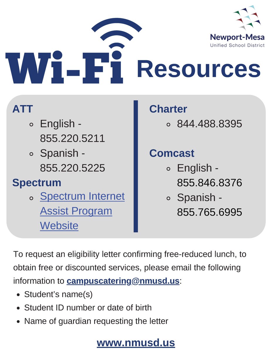 nmusd's tweet photo. In case you missed these resources in our prior communications, please see the following WiFi resources available to families https://t.co/KnQ6qOWahm https://t.co/7fb0Yr6HWE