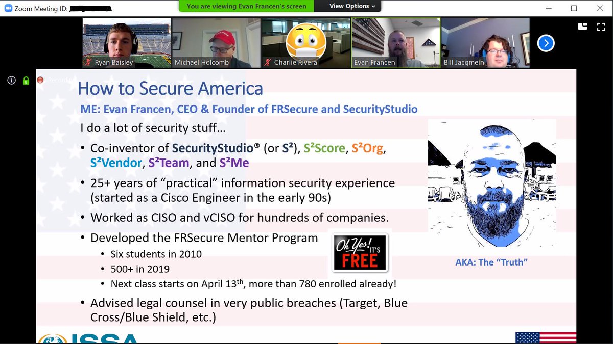 UpstateISSA's tweet photo. As technologists, we love technology...and today we leverage videoconferencing to still meet with our @UpstateISSA  chapter. Thanks @evanfrancen for presenting! https://t.co/NQY5faF2lz