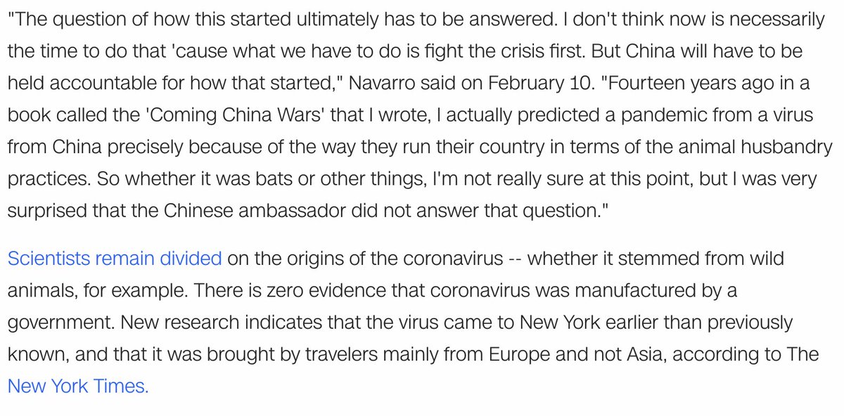 Scientists remain divided on the origins of the coronavirus but there is no evidence that it was manufactured by China or any other government.Navarro explained his answer to CNN.