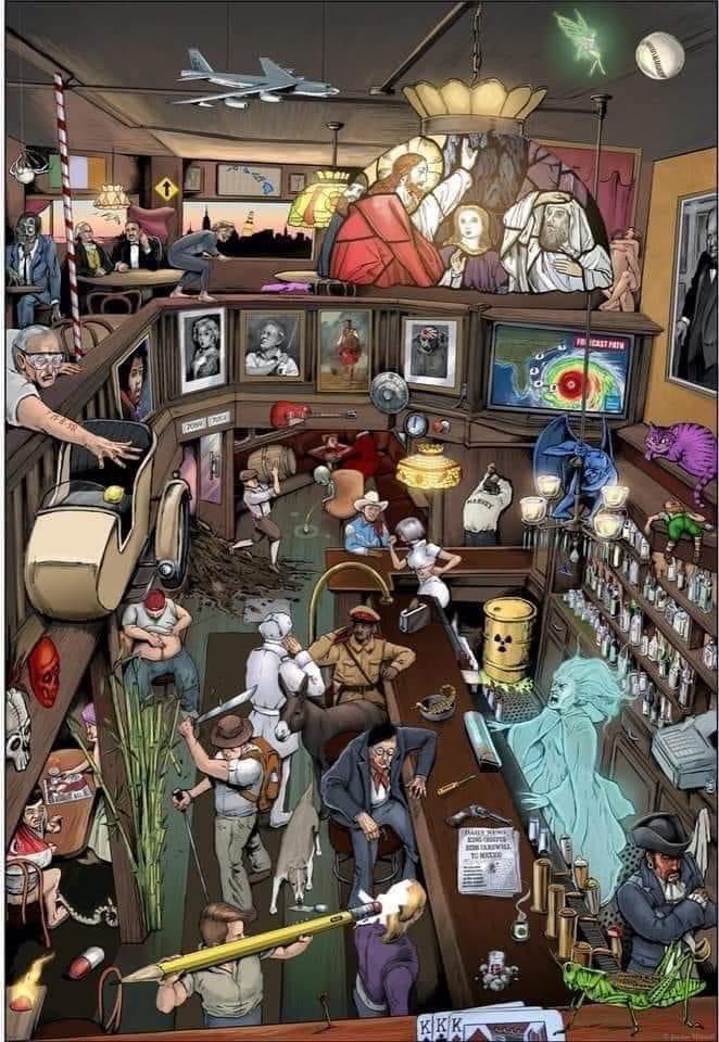 imbibecinema's tweet photo. Happy Friday! Let’s play a “drinking game!” 🥃 There are reportedly 73 cocktails and shots in this painting... Name one and keep the game fun for everyone! #FridayMotivation #FridayLibation https://t.co/OehrsyUfCH